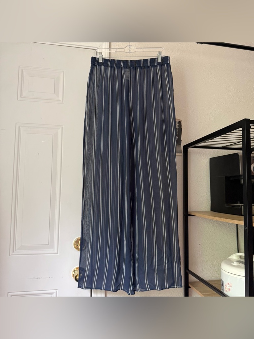 GO SILK navy white striped silk sheer wide leg pull on pants